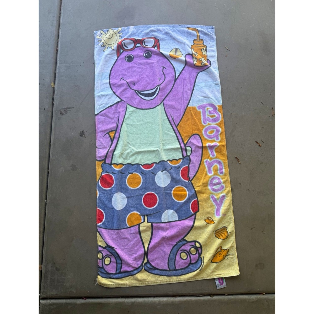 Barney Bath/Beach Towel Purple Dinosaur Polka Dot Skirt yellow 58x28